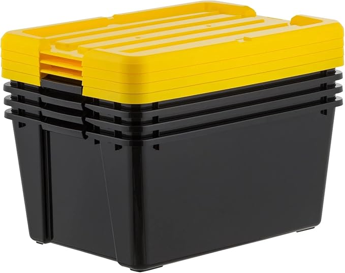 45 Qt Storage Bin 4-Pack, Stackable Plastic Container with Latching Lid | 45Qt Capacity, Secure Latching Lid, Stackable Design, Built-in Side Handles, Durable Plastic, Multi-Room Use