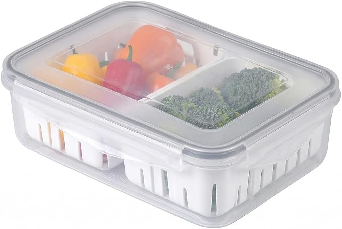 carrotez 6.3 Cup Produce Saver Container for Fridge with Colander - 1.5L | Airtight Fruit & Vegetable Storage Bin, Removable Strainer Basket, BPA-Free, Stackable, White Colander