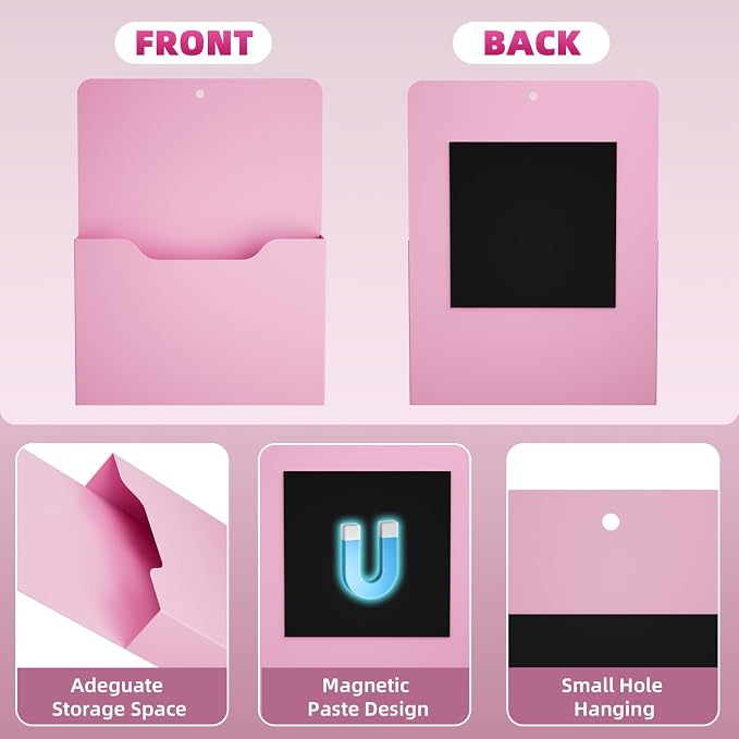 Marbrasse 2 Pack Magnetic File Holder - Paper Holder, Pocket Organizer,Hanging Wall File Organizer Office Supplies Storage, Magazine Mail Organizer Case for Notebooks,Planners,Letter (Pink)