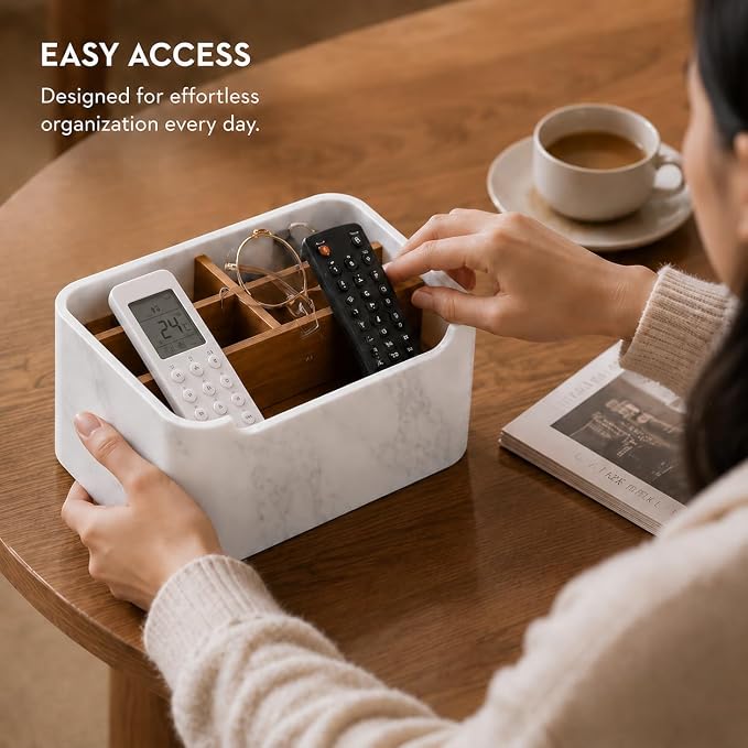 Remote Control Holder, Desk Organizer with Removable Dividers,White | 5-compartment resin and wood organizer holds remotes, pens, glasses, and media devices for desk, coffee table, or nightstand.