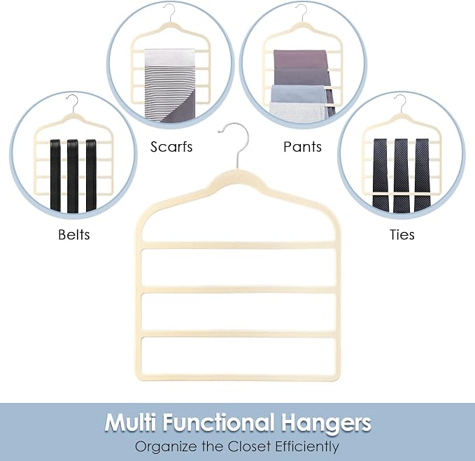 Velvet Hangers Space Saving Non Slip Pant Velvet Hangers, DUDUCOFU 6 Pack Beige Multi Layer Clothes Hangers Closet Organizer for Pants Trousers Scarf