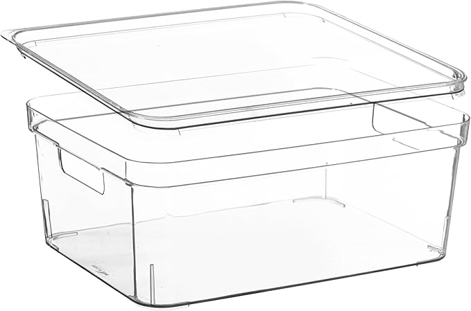 Basicwise Clear Storage Container with Lid For Kitchen Pantry Cabinet & Fridge Storage For Organizing Snacks Produce Supplies Or Essentials Durable Bin For Home Dorm Apartment Or Office Use, Medium