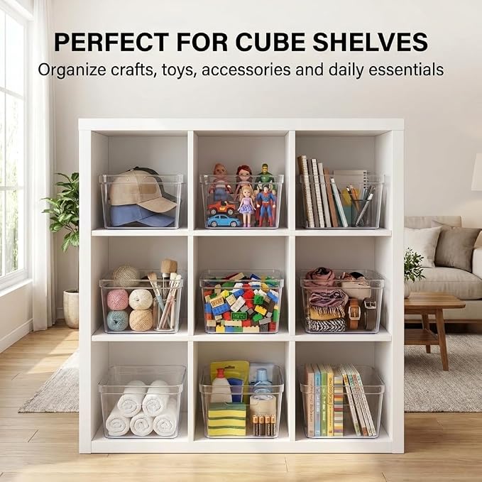 MOONEDGE 8-Pack 10x10x6 Clear Plastic Cube Storage Bins with Handles | PET square organizer containers for closet,pantry,kitchen,fridge,playroom,bathroom,under-sink,all-in-one organization