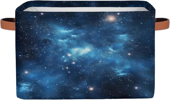 Rectangular Storage Baskets Blue Nebula Pattern Fabric Storage Bin Toy Organizer Box with PU Leather Handles for Room Decor