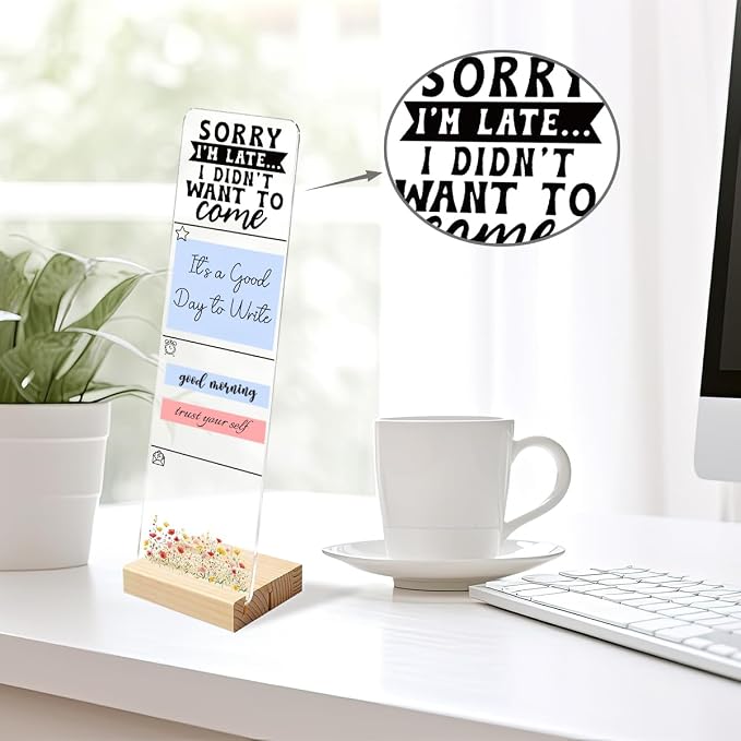 Sticky Note Holder, Monitor Memo Board, Acrylic Post It Note Holder with Wooden Base, Includes 200 Notes, Desk Organizer Funny Introvert Quote