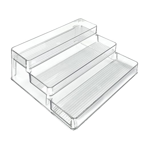 Azar Displays 326029 Three Tier Counter Step Display with Lip, Clear Bathroom Organizer for Storage Organization, Spice Rack Organizer Shelf, Storage Shelves with Risers for Kitchen & Pantry, 2-Pack