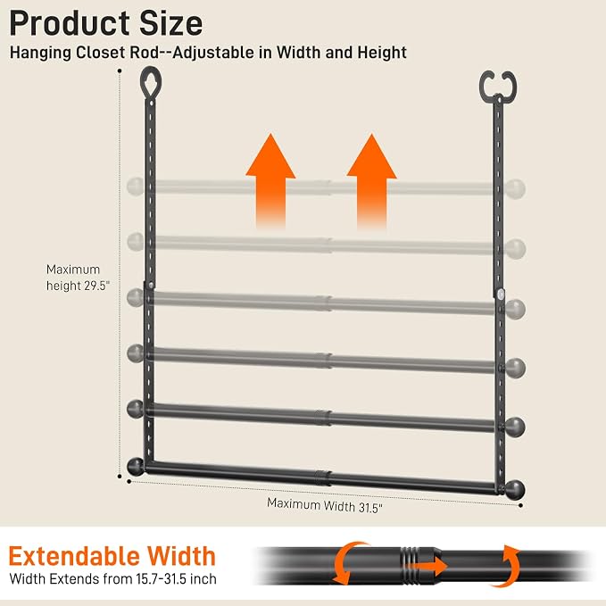 SUTINE Closet Rods for Hanging Clothes, Adjustable Closet Extender Hanging Rod, Space-Saving Closet Rod Extender Clothes Hanging Bar, Closet Poles for Hanging Clothes Organizer (Black, 15.7-31.5 IN)