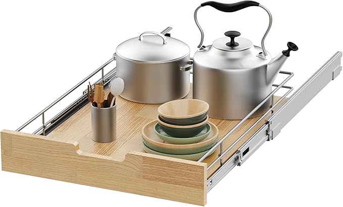 Sikarou Pull Out Cabinet Organizer,Heavy-Duty Slide Out Shelf, Wood And Wire Basket, Pull Out Drawer for for Kitchen Under Sink Space, Pantry, Bathroom (14 * 21 WM)