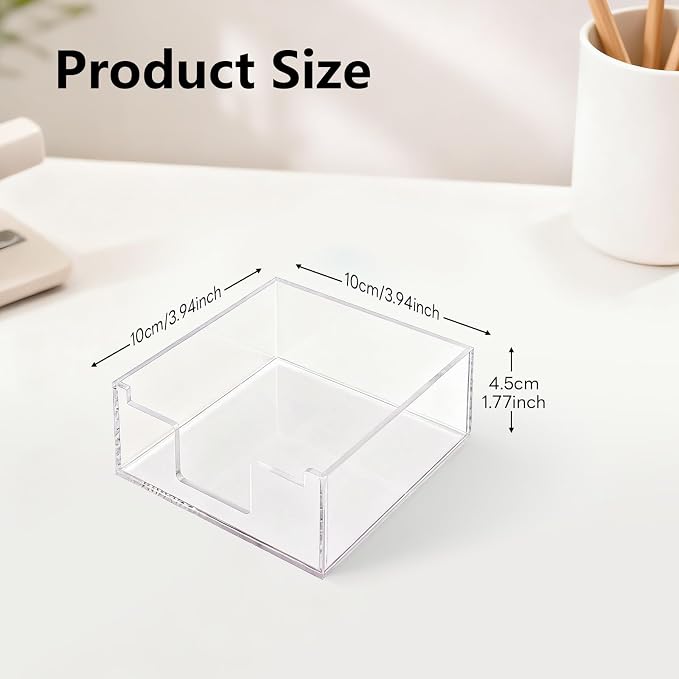 Acrylic Sticky Note Holder 4x4in Tray for Desk, Crystal Clear | Crystal Clear acrylic tray, fits 3x3 sticky notes, compact organizer for office school and home