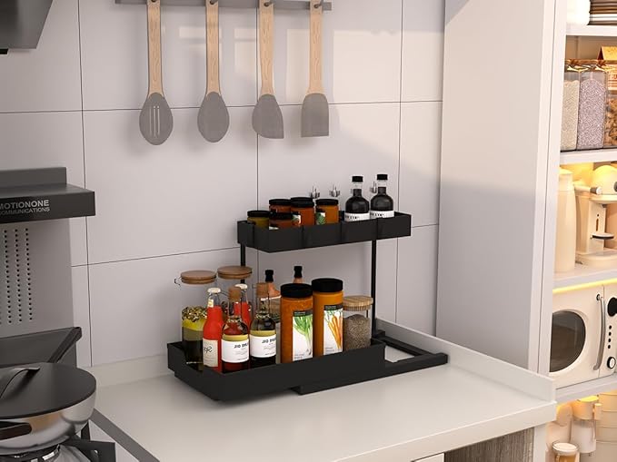 NATURE'S SOURCE 2 Pack Under Sink Organizer 2 Tier Sliding Cabinet Organizers Multi-Purpose Sink Storage Basket L-Shape Narrow Space Storage Shelves with 4 Hook for Kitchen Bathroom Drawer, Black