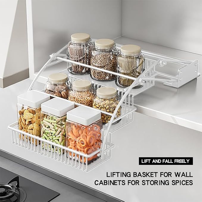 3-Tier Pull Down Spice Rack Organizer for Inside Cabinet Expandable Display Riser Shelf Seasoning Shelf (10.8IN/White)