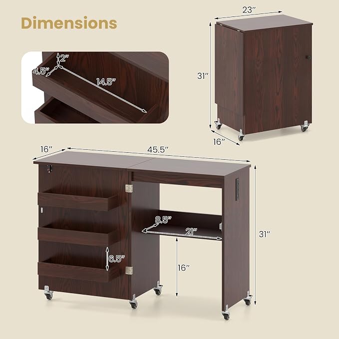 Giantex Folding Sewing Table with Charging Station, Storage Trays & Shelf | Rolling Craft Table with Lockable Wheels, Foldable Sewing Machine Cabinet Desk for Small Spaces, Dorms, Espresso