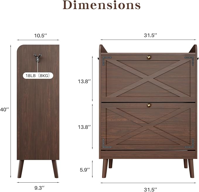 Shoe Storage Cabinet with 2 Flip Drawers & Adjustable Shelves, Freestanding Shoe Cabinet with Side Hooks Narrow Shoe Rack Cabinet for Entryway, Hallway, Rustic Brown