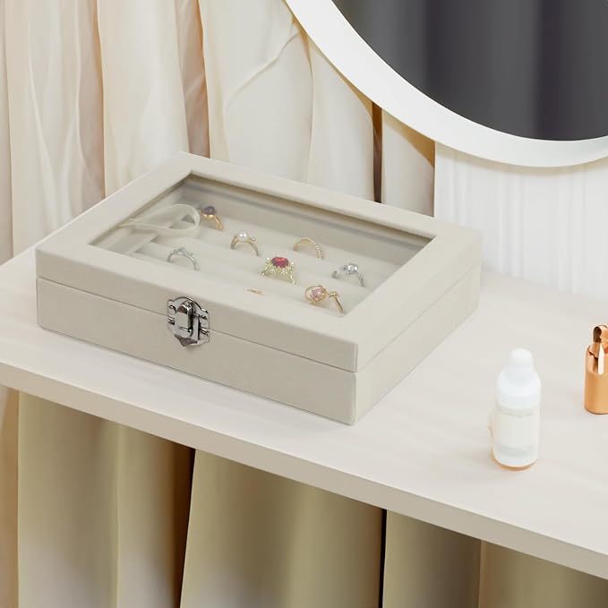 Fordonral Velvet Jewelry Organizer Box, Jewelry Drawer Organizers Trays, Earring Ring Necklace Holder Display Case (Beige, Ring Box)