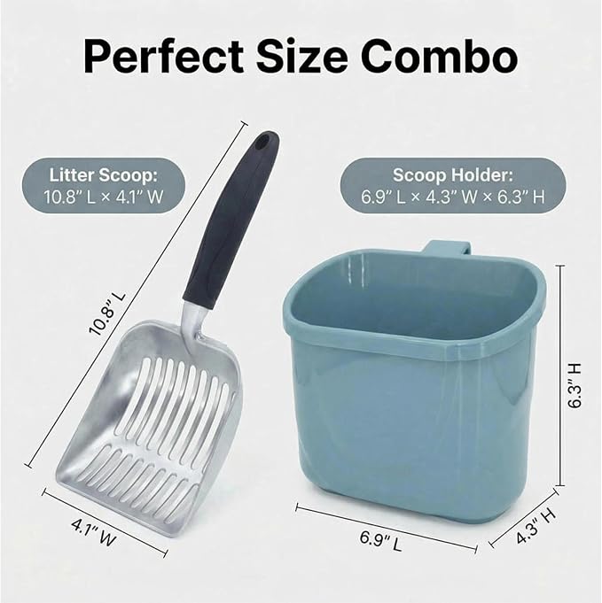 4-in-1 Cat Litter Scoop with Holder, Metal Litter Scoop Includes Portable Small Broom and Dustpan Set, Heavy Duty Stainless Steel Kitty Scooper, Quick Sift and Easy Clean