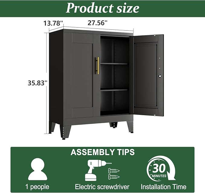 Black Metal Storage Cabinet, 36" Tall Locking Storage Cabinet with 2 Adjustable Shelves, Steel Locker Organizer, for Office, Home, School