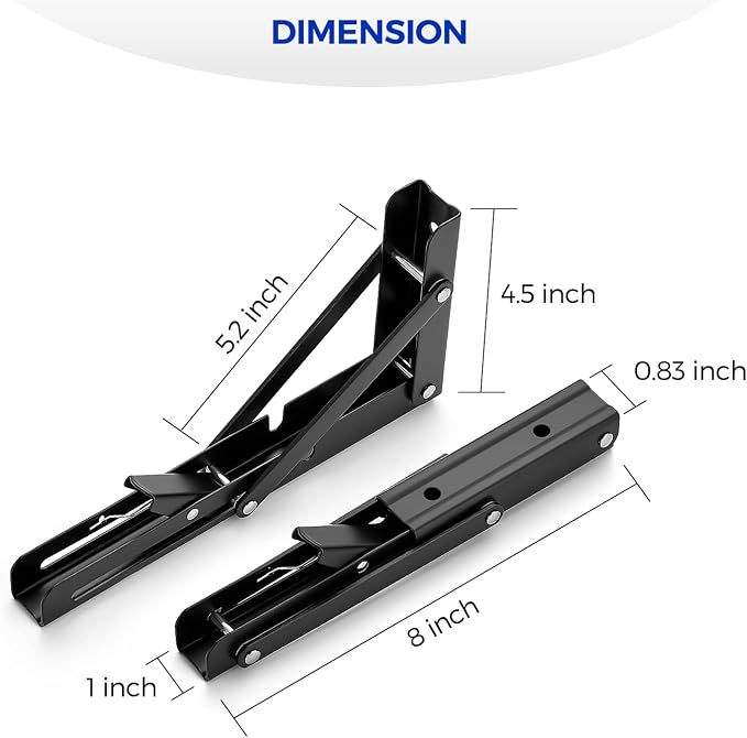 Ravinte Matte Black Folding Shelf Brackets, 8 Inch, 2 Pack | Collapsible Bracket Design, Table And Bench Support, Space-Saving Shelf Setup, For Worktops, Laundry Rooms, Garage Projects