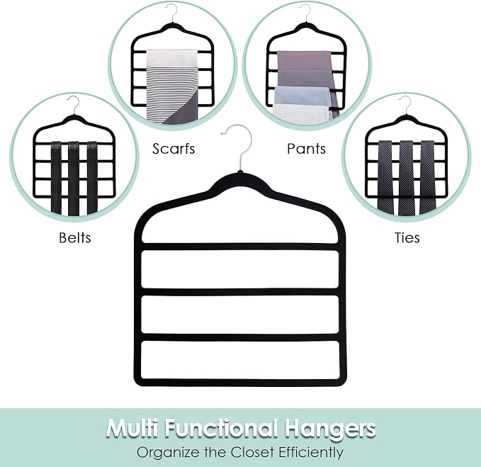Velvet Hangers Space Saving Non Slip Pant Velvet Hangers, DUDUCOFU 6 Pack Black Multi Layer Clothes Hangers Closet Organizer for Pants Trousers Scarf