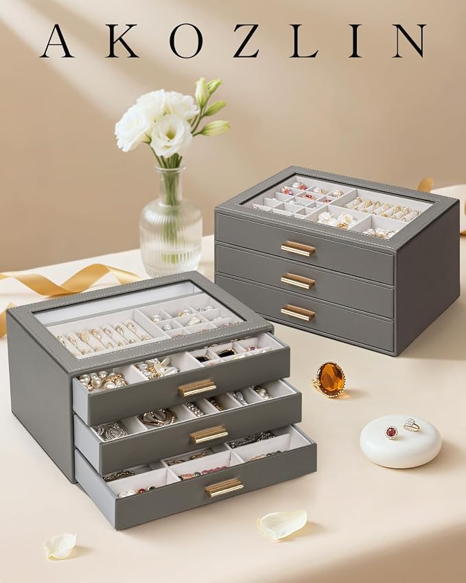 AKOZLIN Jewelry Box with Clear Lid Functional Leather Jewelry Storage Organizer Case 3 Drawers for Women Girls Necklace Ring Bracelet Earring