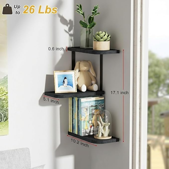 Love-KANKEI Corner Wall Shelf 3 Tier,Solid Wood with Bracket,17" Tall,Black | Floating Wall Shelves,Easy to Install,Capacity 26 Lbs,For Bedroom Living Room Bathroom Kitchen Office Display,Wall Decor