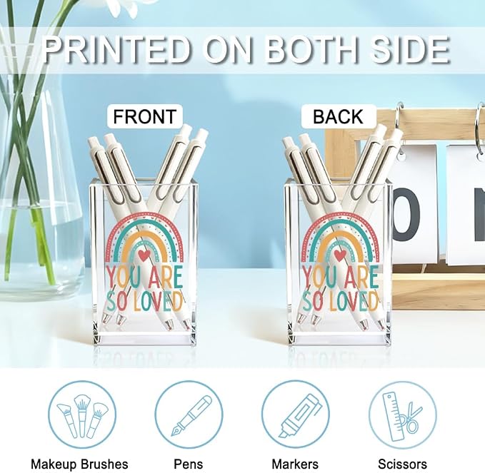 You Are So Love Acrylic Cosmetic Holder, Rainbow Heart Inspirational Quotes Desk Organizer for Home Office Library Classroom Desk, Pen Holder Gifts For Women Men Friends Daughter Son