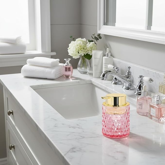 10 Oz Glass Hand Soap Dispenser with Pump, Refillable Bathroom Gold Foaming Soap Dispenser, Vintage Glass Diamond Lotion Container Bottle for Bathroom and Kitchen (1, Pink and Gold)