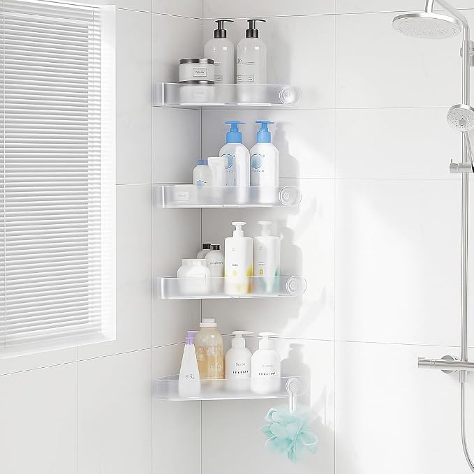 Sotfamily Plastic Shower Caddy Corner (for 90° Only), 4 Pack, Frosted Clear | Adhesive Corner Shower Shelves for Bathroom Organizers and Storage, Bathroom Decor, No Drill, Rust Free