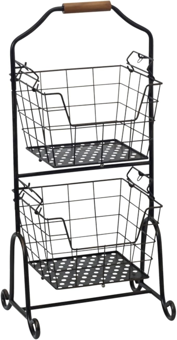 Mikasa Gourmet Basics Ferme 4-Tier Market Basket - Antique Black Wire and Acacia Wood Handle, Kitchen Fruit Vegetable Storage Organizer, 13.5 x 11.5 x 51 Inches