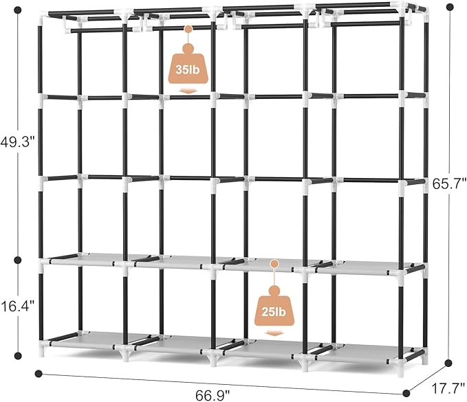 VTRIN Portable Closet for Hanging Clothes 67 Inch Wide Large Capacity Portable Wardrobe Closet with Cover, 4 Storage Shelves and 4 Hanging Rod Sturdy Free Standing Closet for Bedroom, Printing