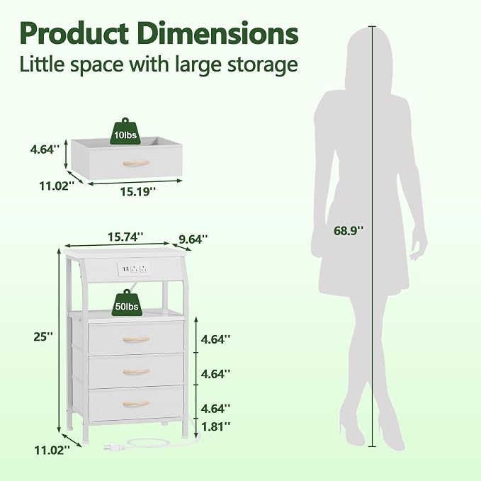 Furnulem Night Stand with Charging Station, 28.3 Inch Tall Bedside Table with PVC Drawers, End Table with USB Ports and Outlets, 3 Fabric Drawer Storage Nightstand for Bedroom, 3 Ways to Use, White | 28.3 Inch Tall Dorm Night Stand with fabric Drawers,...