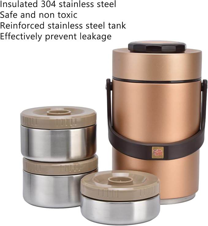 Qiilu Food Flask 2L Termos Para Comida Caliente 24 Horas 304 Stainless Steel 2.3L Vacuum Lunch Box 3 Layers Prevent Leakage Insulated Container For Work Travel (Gold)