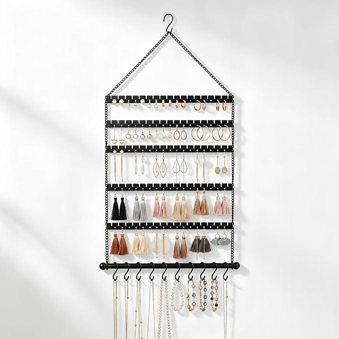 Hanging Jewelry Organizer, 5 Tier Wall Mounted Hanging Earring Holder with 10 Necklace Hooks, Adjustable Earring Display Storage with Holes and Grooves for Earrings, Necklaces, Bracelets and Rings