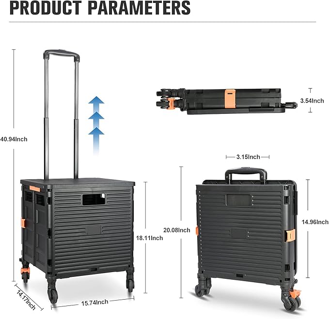 Foldable Utility Cart,Rolling Crate Heavy Duty Shopping Cart with 360° Silent Wheel with Brake System,55L Capacity,Transport Weight up to 177 Pounds,Travel Shopping Moving Luggage Office Use