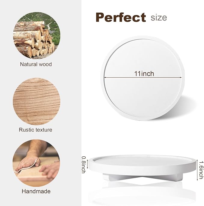 Round Decorative Tray Farmhouse Kitchen Decor Soap Dish, 11" White | Waterproof, Lightweight, Easy Clean, Wood Riser Pedestal Stand Accessories for Office Desk, Vanity, Counter, Sink