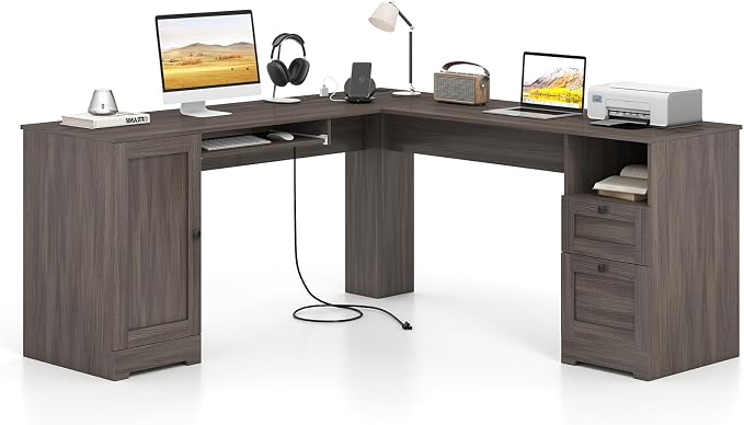 Giantex 66" L-Shaped Desk with Storage Drawers & Charging Station, Spacious Corner Computer Desk with Keyboard Tray, Adjustable Shelf, Cabinet, Huge Workspace Home Office Study Writing Desk (Grey Oak)