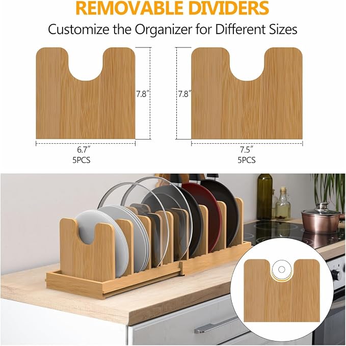 Pots and Pans Organizer under Cabinet,Pot and Pan Organizer,Lid Organizer | Expandable Bamboo Pan and Lid Organizer, 16" to 28" Adjustable Length and 10 Dividers