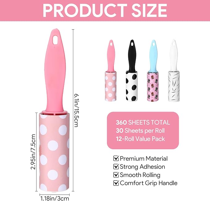 12 Pcs Mini Lint Roller for Clothes Travel Size, Travel Lint Roller for Clothes, Pet Hair, Furniture and Car Compact, Small Lint Remover Sticky Pet Hair Removal Tool for Travel