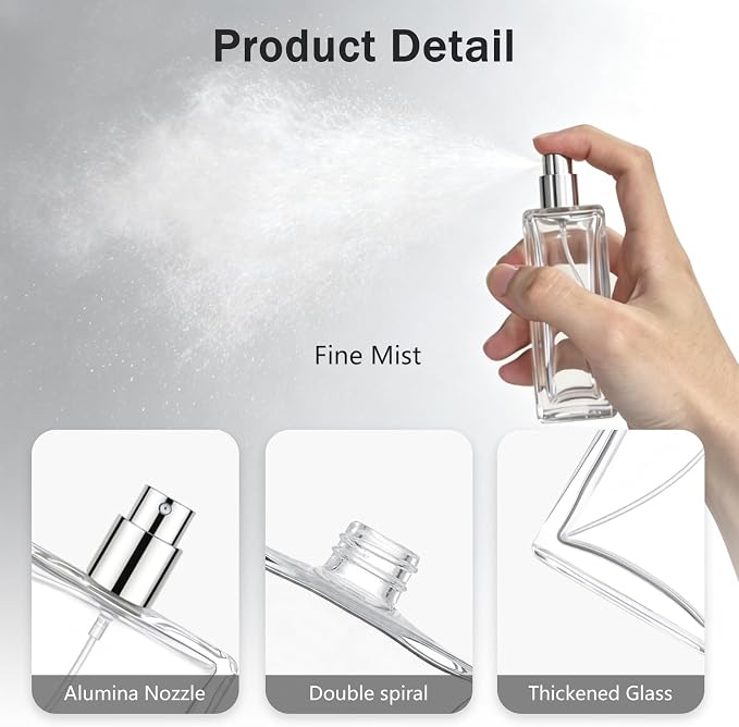 100ml/3.4oz Perfume Spray Bottles | Refillable Glass Perfume Atomizer, Empty Square Clear Glass Cologne Bottles with Fine Mist Spray