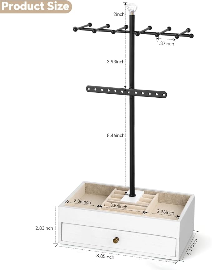 Meangood Jewelry Organizer Stand, 3-Tier Necklace Holder Jewelry Tree with Wooden Storage Drawer Box for Necklace Bracelet Earring Ring,White