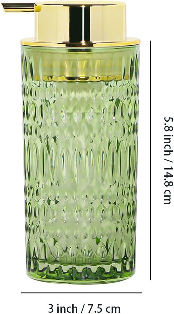 Foaming Soap Dispenser, Bathroom Green Glass Foam Soap Dispenser, Refillable 14 Oz Foam Pump Bottle Container with Gold Pump, Decorative Dish Soap Dispenser for Kitchen