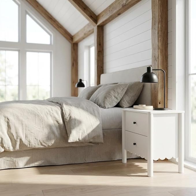 Furnifact White Nightstand, 2 Drawers, Scalloped Design, Spacious Storage, Durable Construction, Elegant Bedroom Furniture, Smooth Drawer Operation