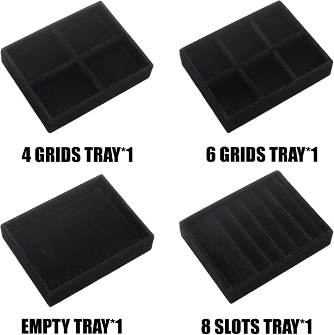Small Jewelry Tray Set 4 Pcs Black Velvet Stackable Jewelry Organizer Tray Mini Jewelry Drawer Organizer for Necklace Ring Earrings Jewelry (4 Styles)