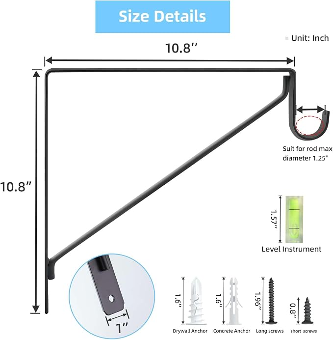 4-Pack Closet Rod Bracket, 10.8x10.8Inch Closet Shelf Brackets Heavy Duty Wall Mounted, Matte Black Steel Closet Rod Support Brackets Holder, 300 Lbs Load Capacity with Anchors Screws