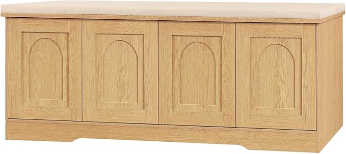 DINZI LVJ Shoe Bench, Entryway Storage Bench with Doors, Cushion, 2-Tier Shoe Rack with 8-Cubby, 47.2”L x 13.8”W Shoe Organizer Cabinet, Adjustable Shelf, Living Room, Bedroom, Natural