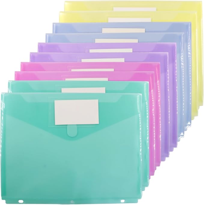 10 Pcs Plastic Envelopes A4 Letter Size | Plastic File Folders, Document Organizer with Label Pocket, 3 Ring Binder Pocket, Waterproof, For School Office Home Supplies