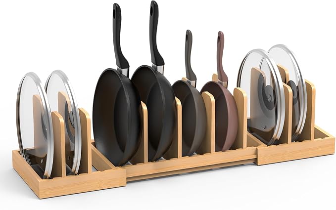 Bamboo Expandable Pot Lid Organizer, Pots and Pans Holder Rack for Cabinet | 8pcs Removable Dividers, Customized Storage, Space-saving, FSC-certified Bamboo, No Assembly