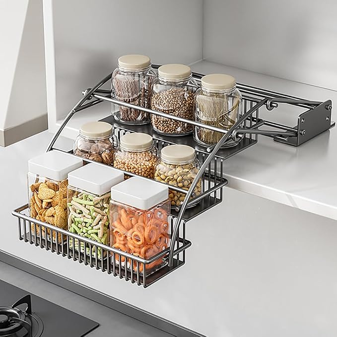 3-Tier Pull Down Spice Rack Organizer for Inside Cabinet Pantry Expandable Display Riser Shelf Kitchen Seasoning Shelf(27.5cm/10.8in)
