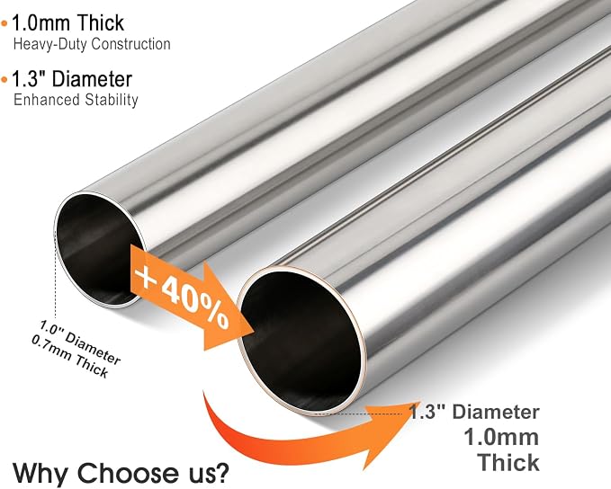 Premium Stainless Steel Closet Rod 1.0mm/1.3", Heavy Duty Adjustable Hanging Bar for Clothes Organization, No-Splice 1-Piece Telescoping Design (Silver, 26.9" - 46.9")