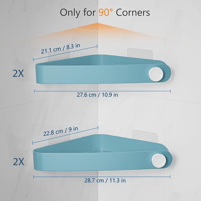 Sotfamily Plastic Shower Caddy Corner (for 90° Only), 4 Pack, Light Blue | Adhesive Corner Shower Shelves for Bathroom Organizers and Storage, Bathroom Decor, No Drill, Rust Free