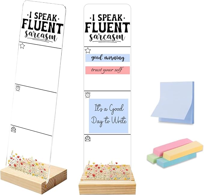 Sticky Note Holder, Monitor Memo Board, Acrylic Post It Note Holder with Wooden Base, Includes 200 Notes, Desk Organizer Fluent Sarcasm Quote